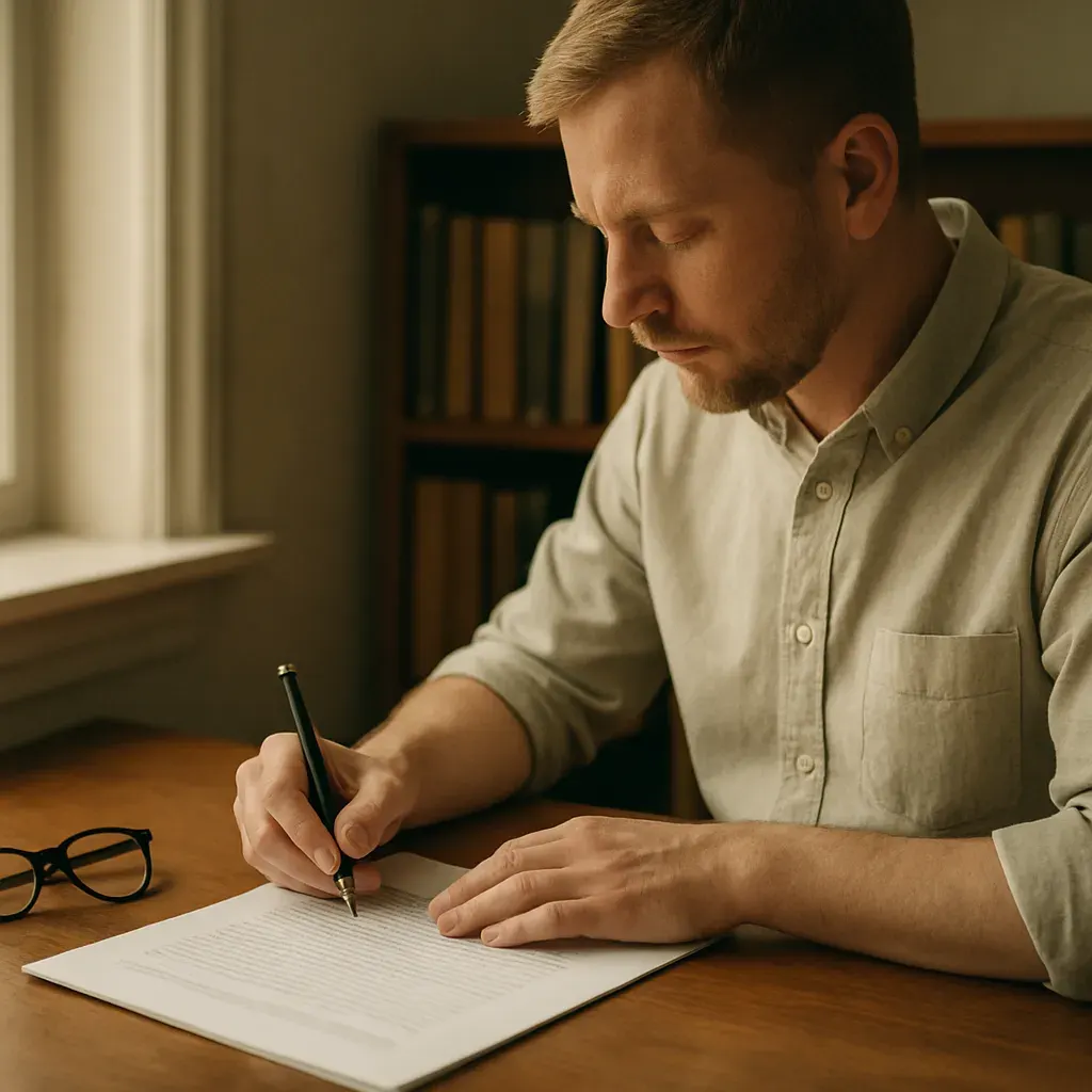 A linguist reviewing a translated document at the teda-translation office
