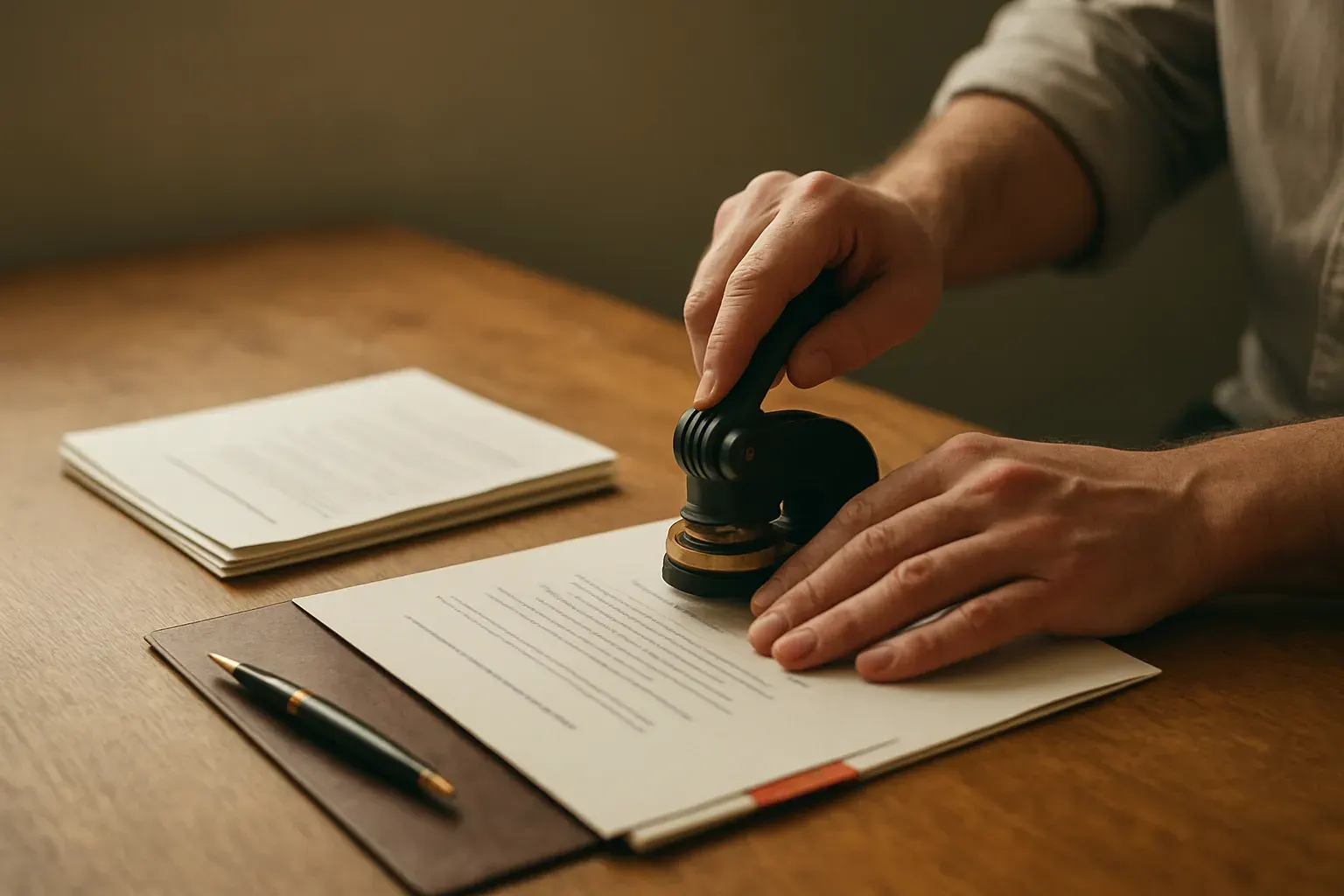 A desk with vital-record documents and a notary seal, warm daylight, at the teda-translation Westlake office