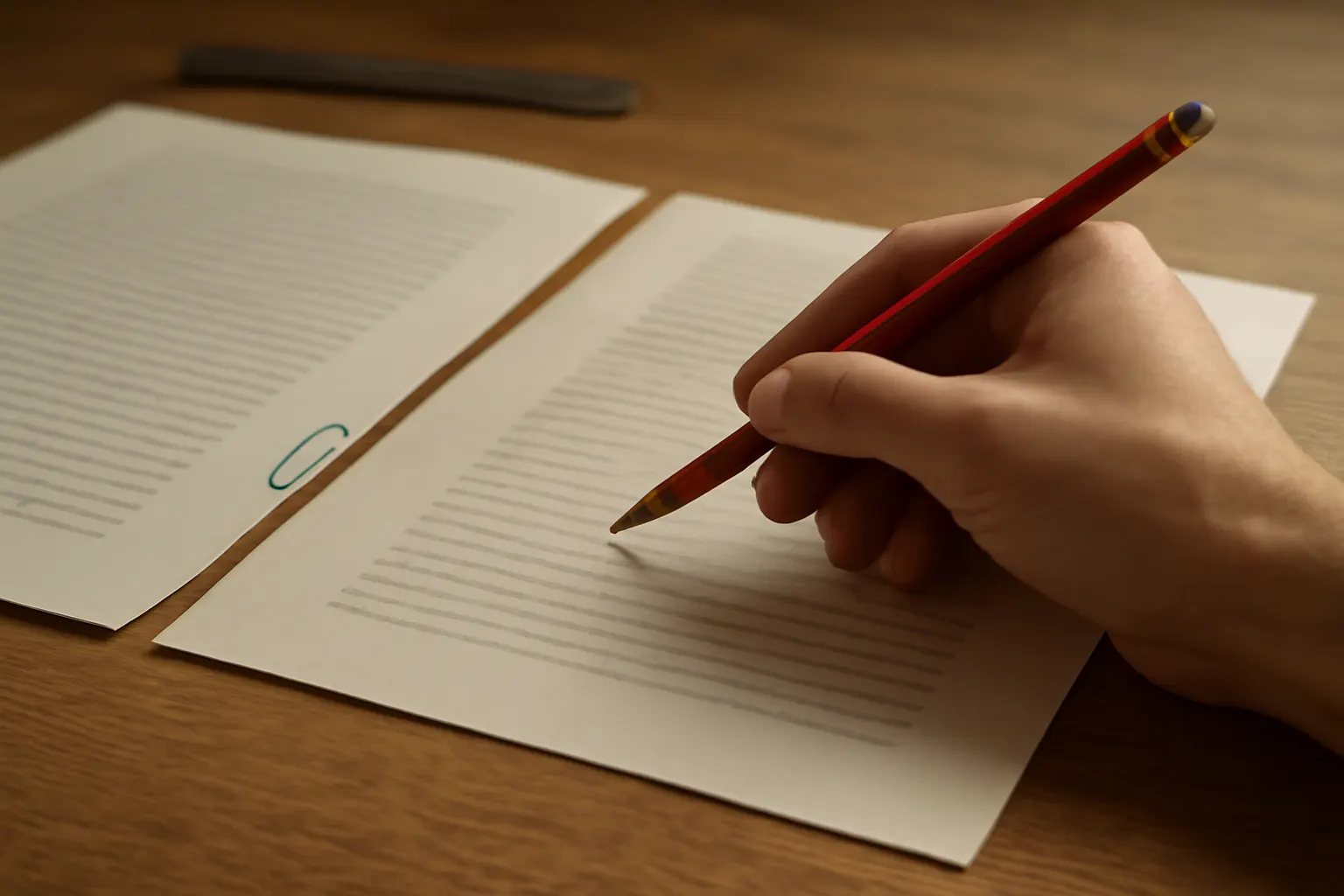 A translation being reviewed and checked against its source document