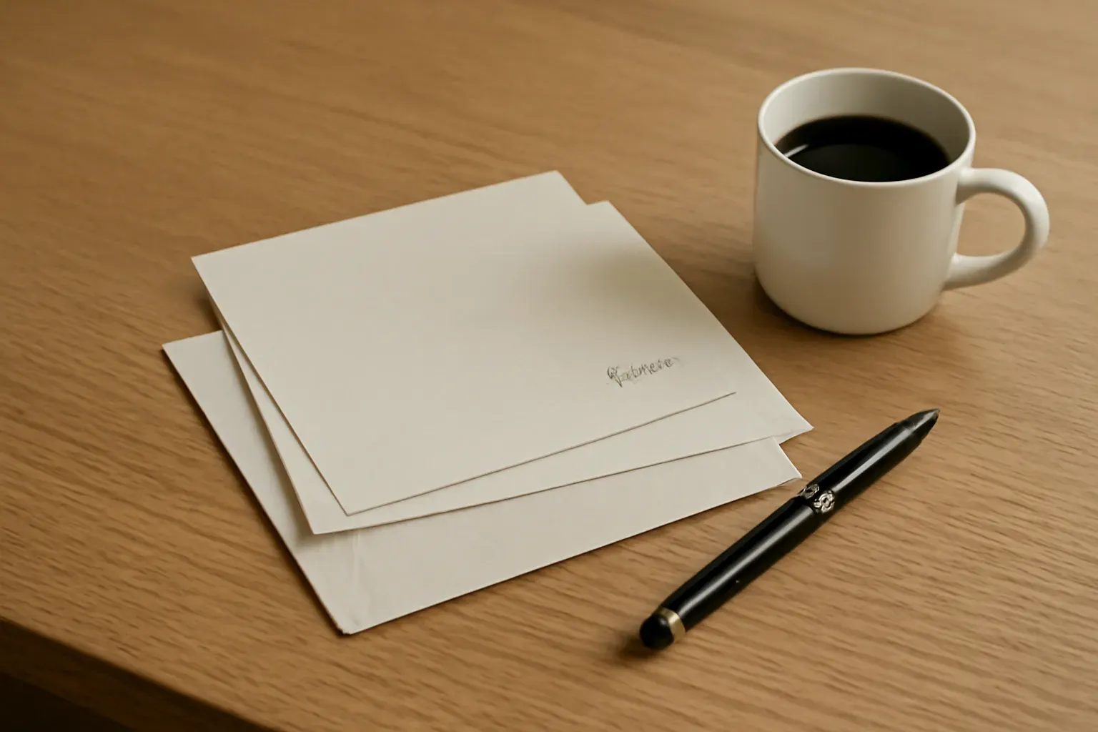 A small stack of everyday business letters and an invoice beside a pen and coffee mug on a plain desk — the practical, lowest-stakes register of general business document translation.