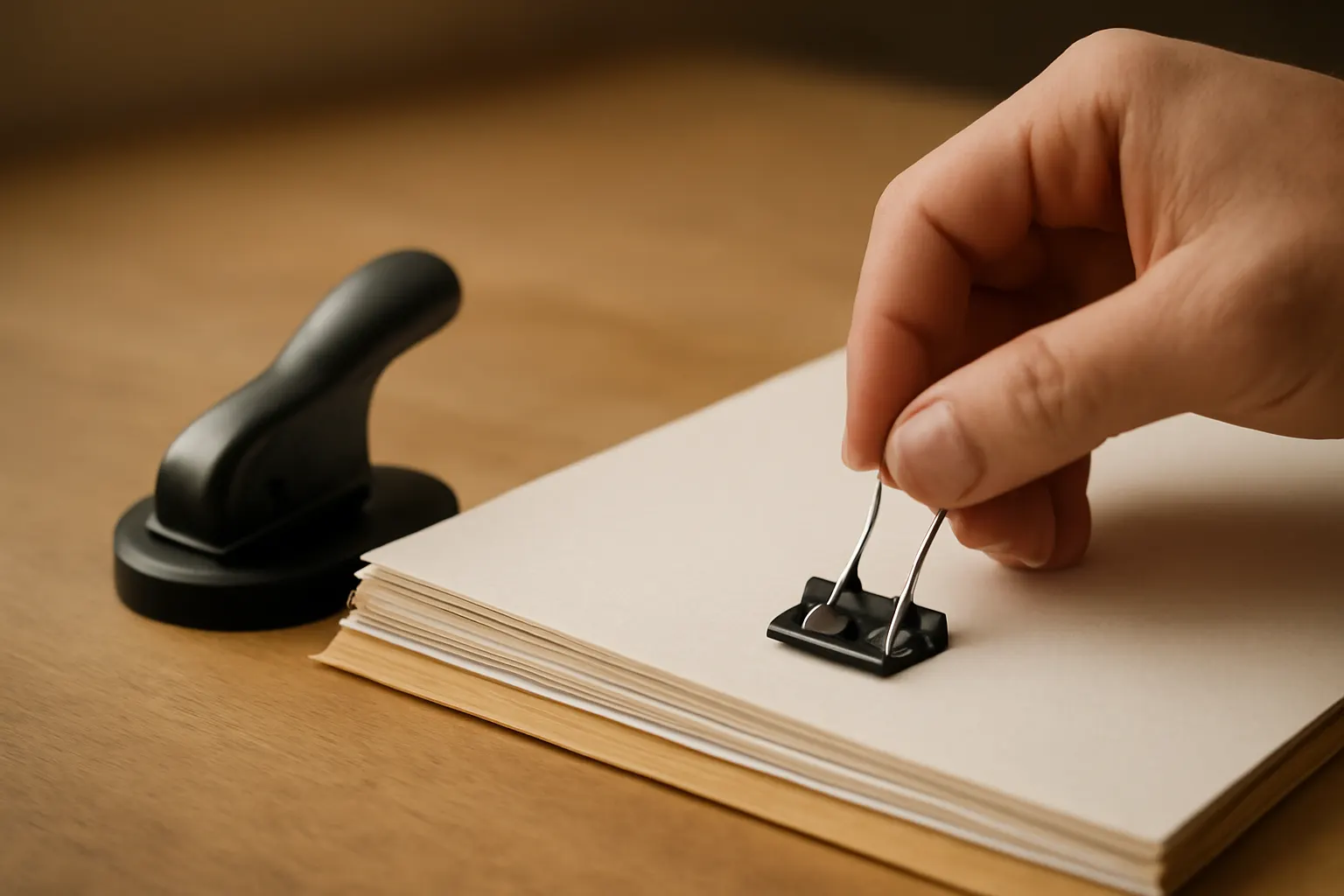 A vital-record document and its typed translation clipped together on a wooden desk beside a plain embosser, warm daylight — the deliverable behind certified document translation.