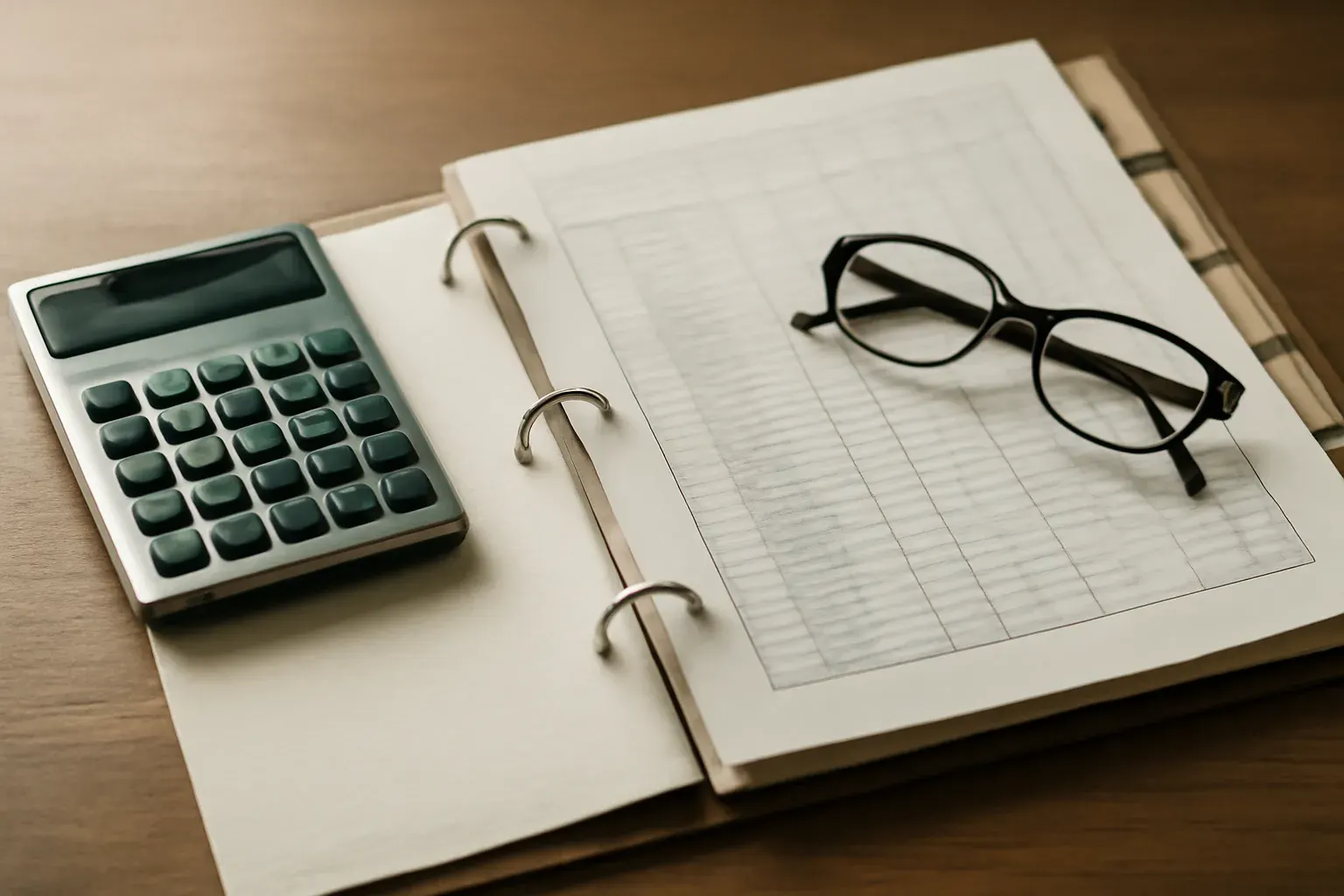 An open tabbed ledger binder with ruled figure columns beside an analog calculator on a wooden desk — the precise, numbers-first register of financial document translation.