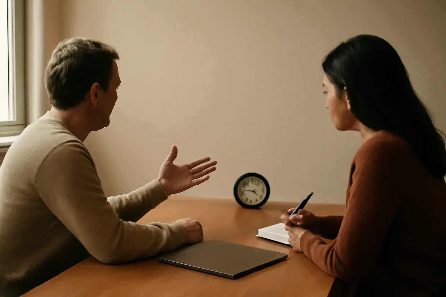 Two people from behind at a small office table, one gesturing mid-sentence and the other listening with a notepad — a real in-person interpreting moment, not a call-center scene.