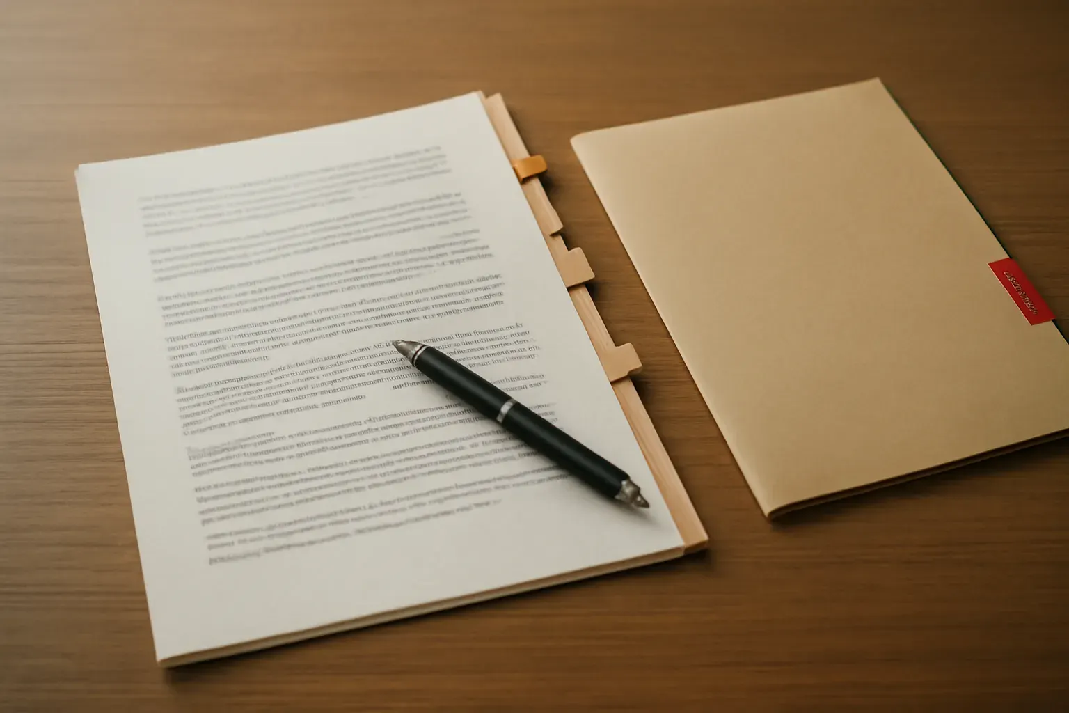 A tabbed legal contract with a fountain pen and a single confidential folder tab on a plain wooden desk — the restrained, process-driven register of legal document translation.