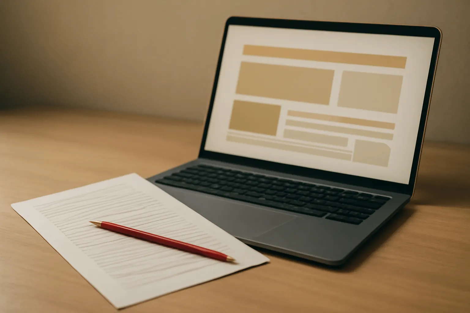 A laptop showing an abstract warm-toned interface mockup beside a printed, red-pencil-annotated string list on a wooden desk — reviewing localized interface text in context.