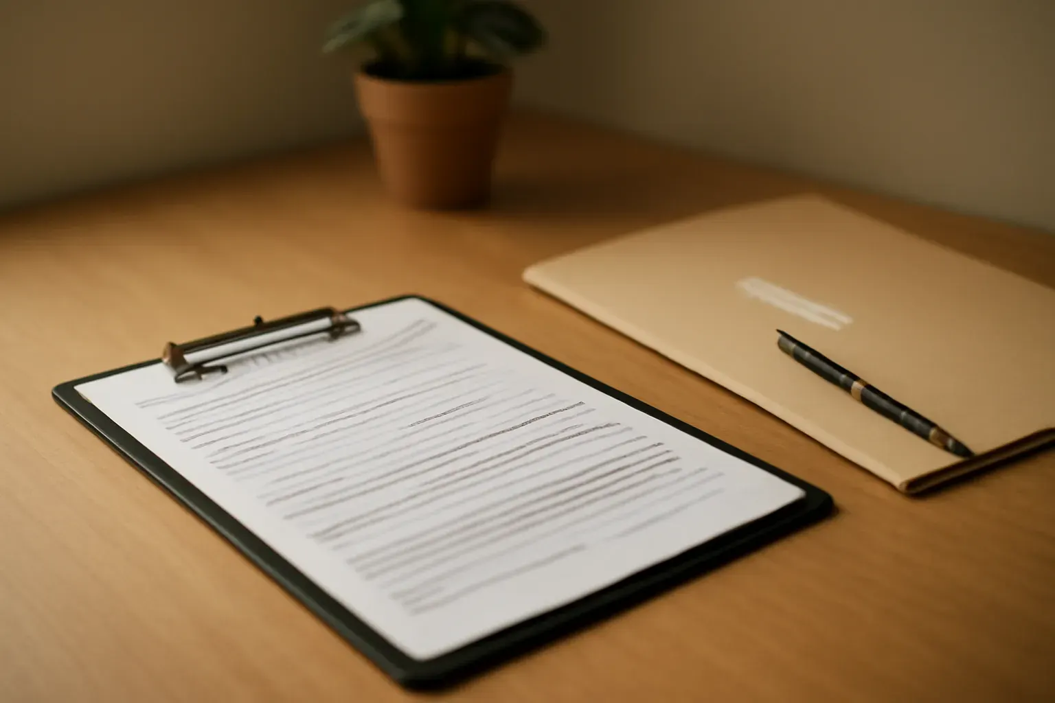 A patient-intake clipboard and a closed folder on a calm office desk with soft daylight and a small plant — the careful, dignified handling behind medical document translation.