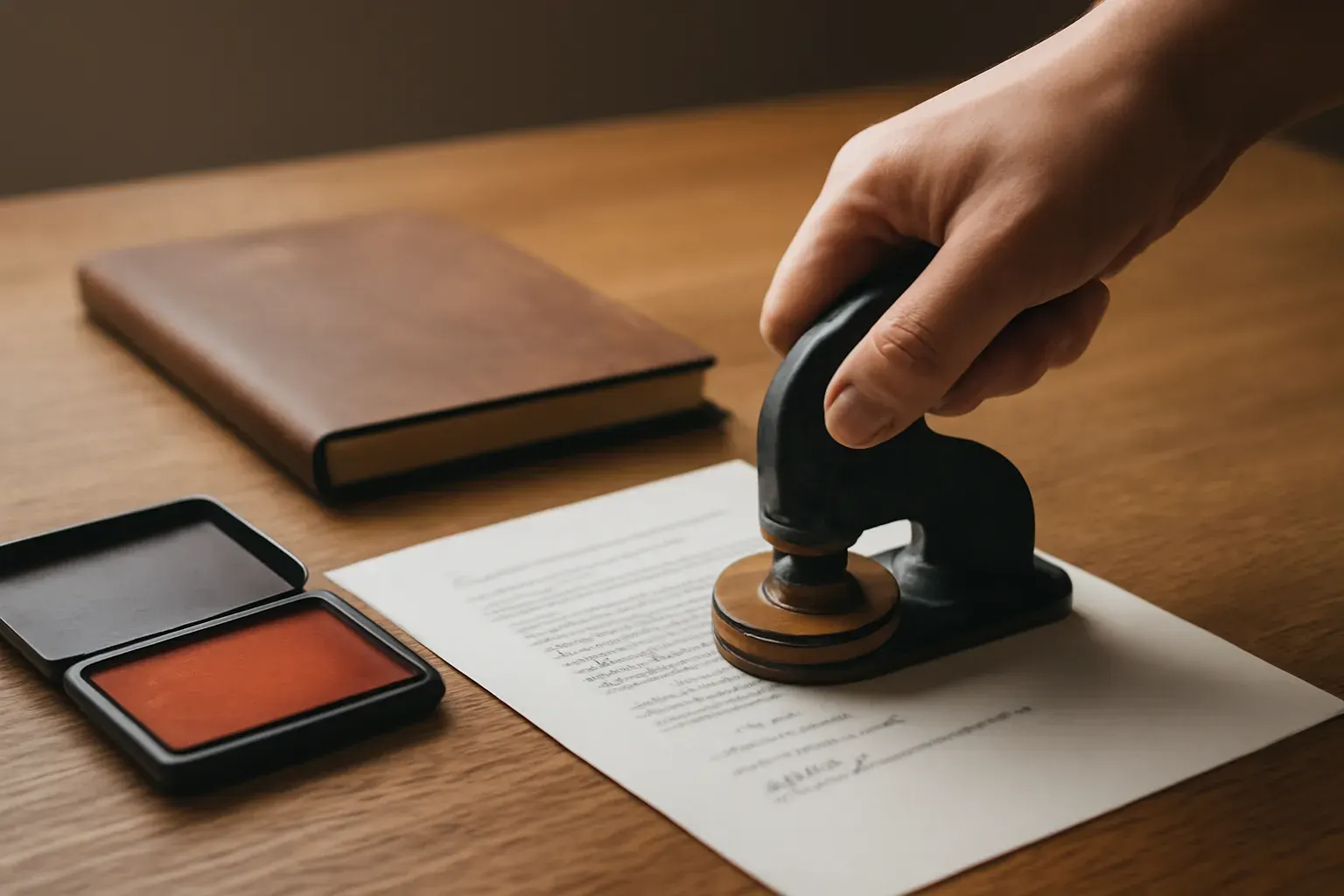 A hand pressing a plain embosser onto a signed page beside an ink pad and a closed notary journal on a wooden desk — in-person notarization at the agency’s Midwest office.
