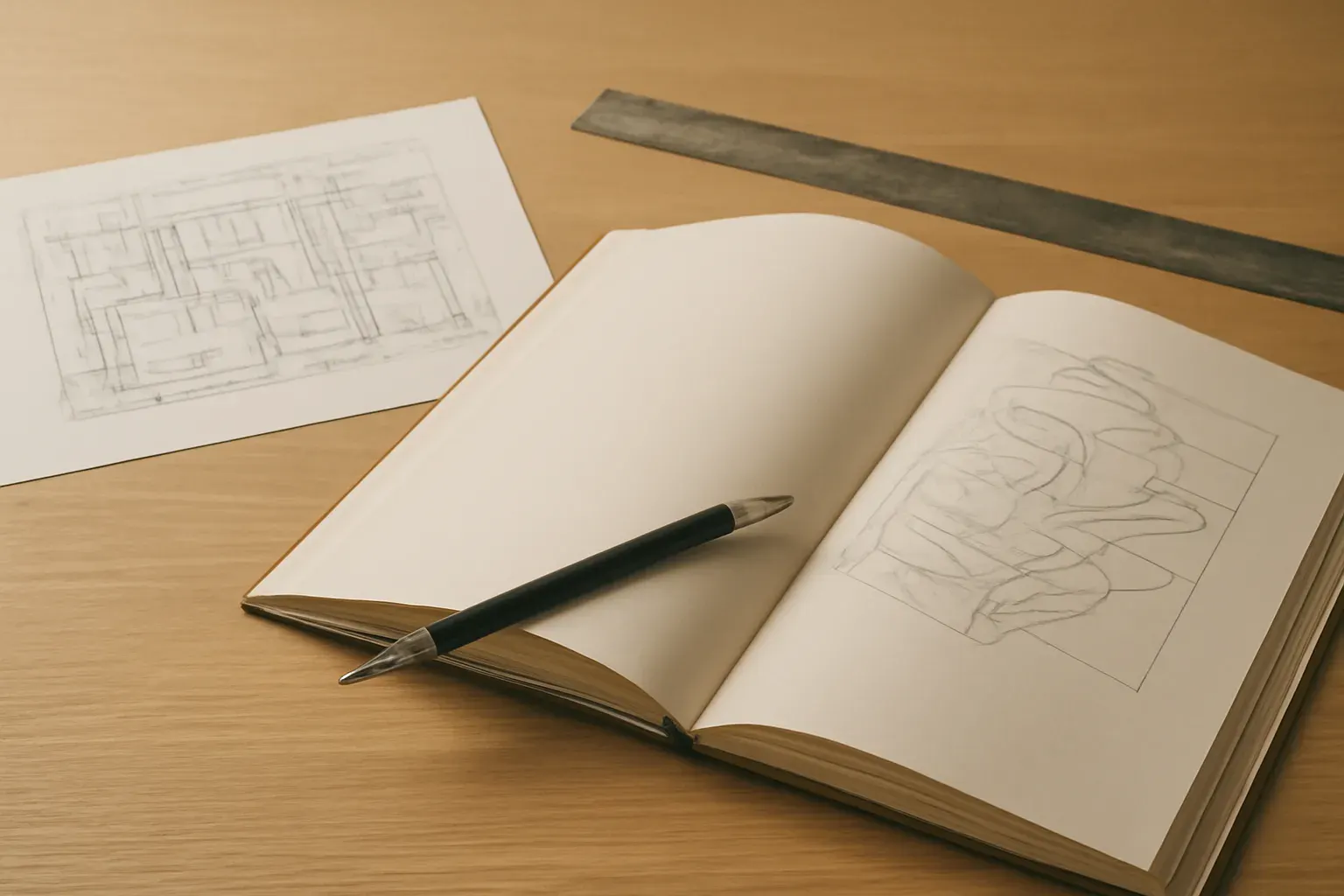 An open technical manual with a faint diagram beside a printed schematic, a metal ruler and mechanical pencil on a plain drafting desk — the documentation-register look of technical translation.