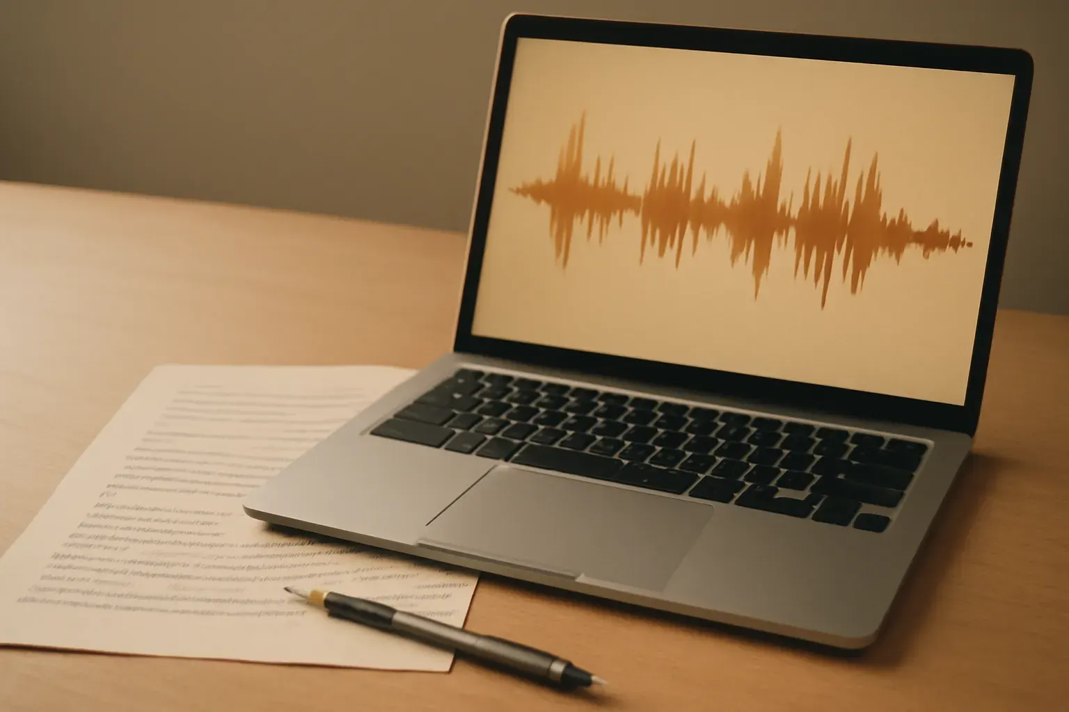 A laptop showing a warm-toned audio waveform beside a printed, timecode-marked transcript page and a pencil on a wooden desk — the precise transcription and subtitling workspace, no headset in sight.